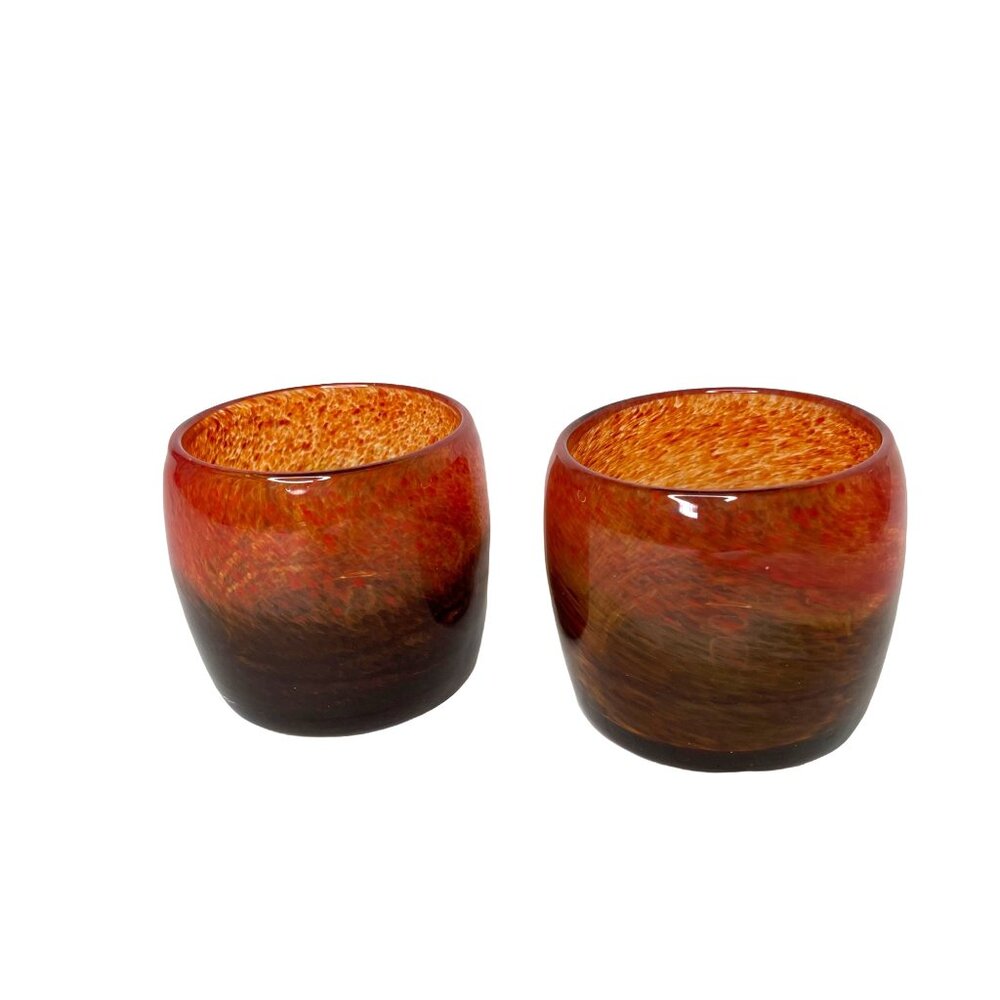 Set of 2 hand blown glass unmarked orange ombré 4” candle holders